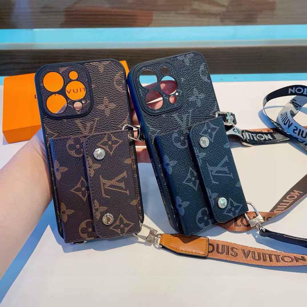 Louis Vuitton monogram-style iPhone cases with attached pouches and wrist straps