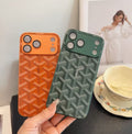 Goyard-style iPhone series cases in orange and green colors