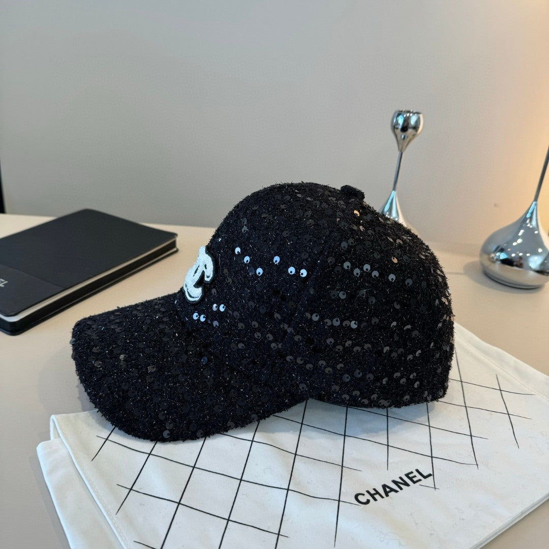 Chanel black sequin embellished baseball cap with a white CC logo