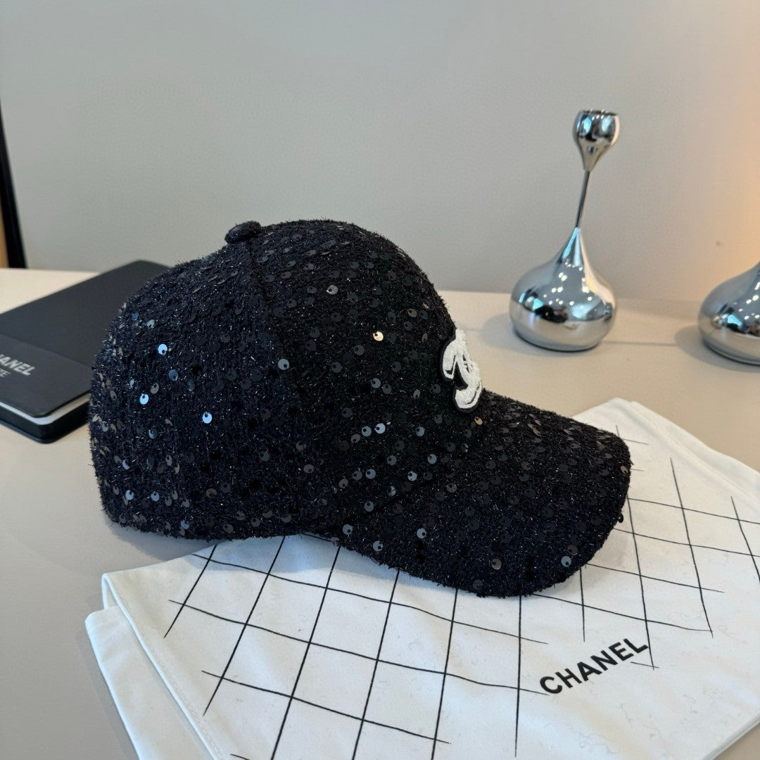 Chanel black sequin embellished baseball cap with a white CC logo