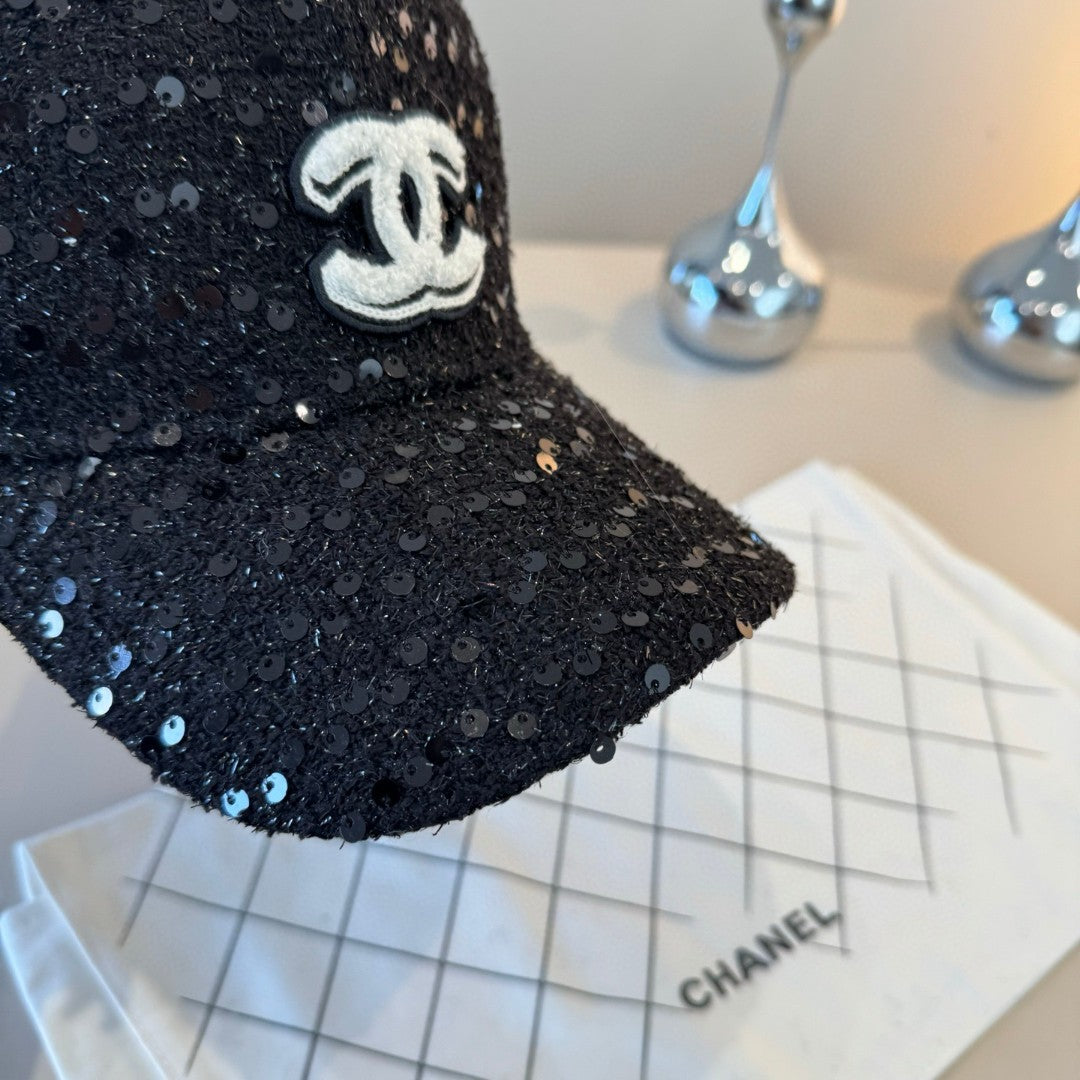 Chanel black sequin embellished baseball cap with a white CC logo