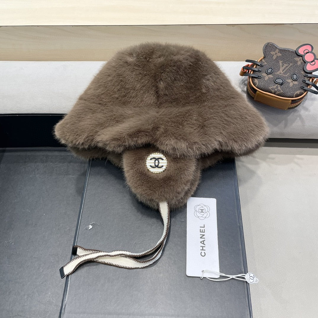 Chanel brown faux fur logo winter hat