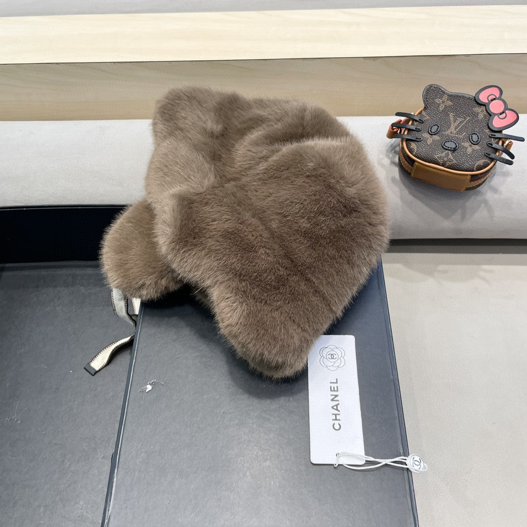 Chanel brown faux fur logo winter hat