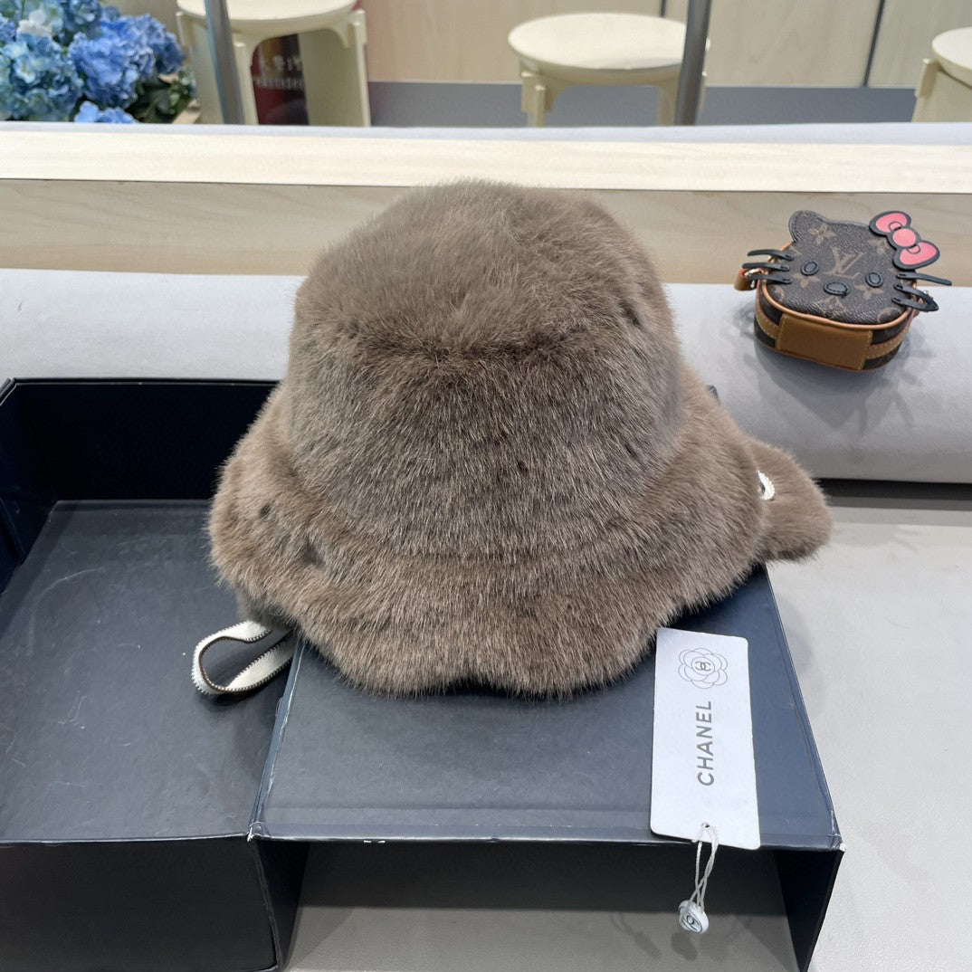 Chanel brown faux fur logo winter hat