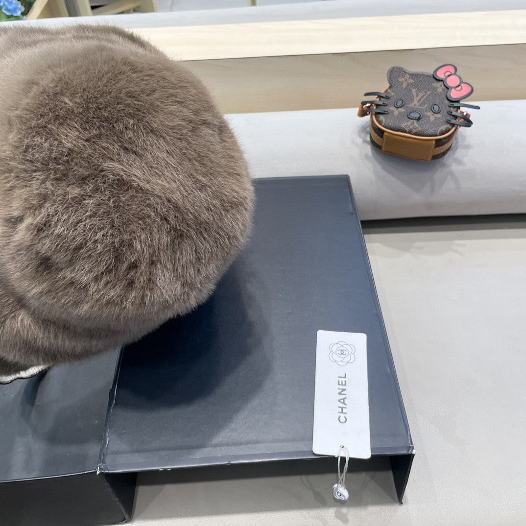 Chanel brown faux fur logo winter hat