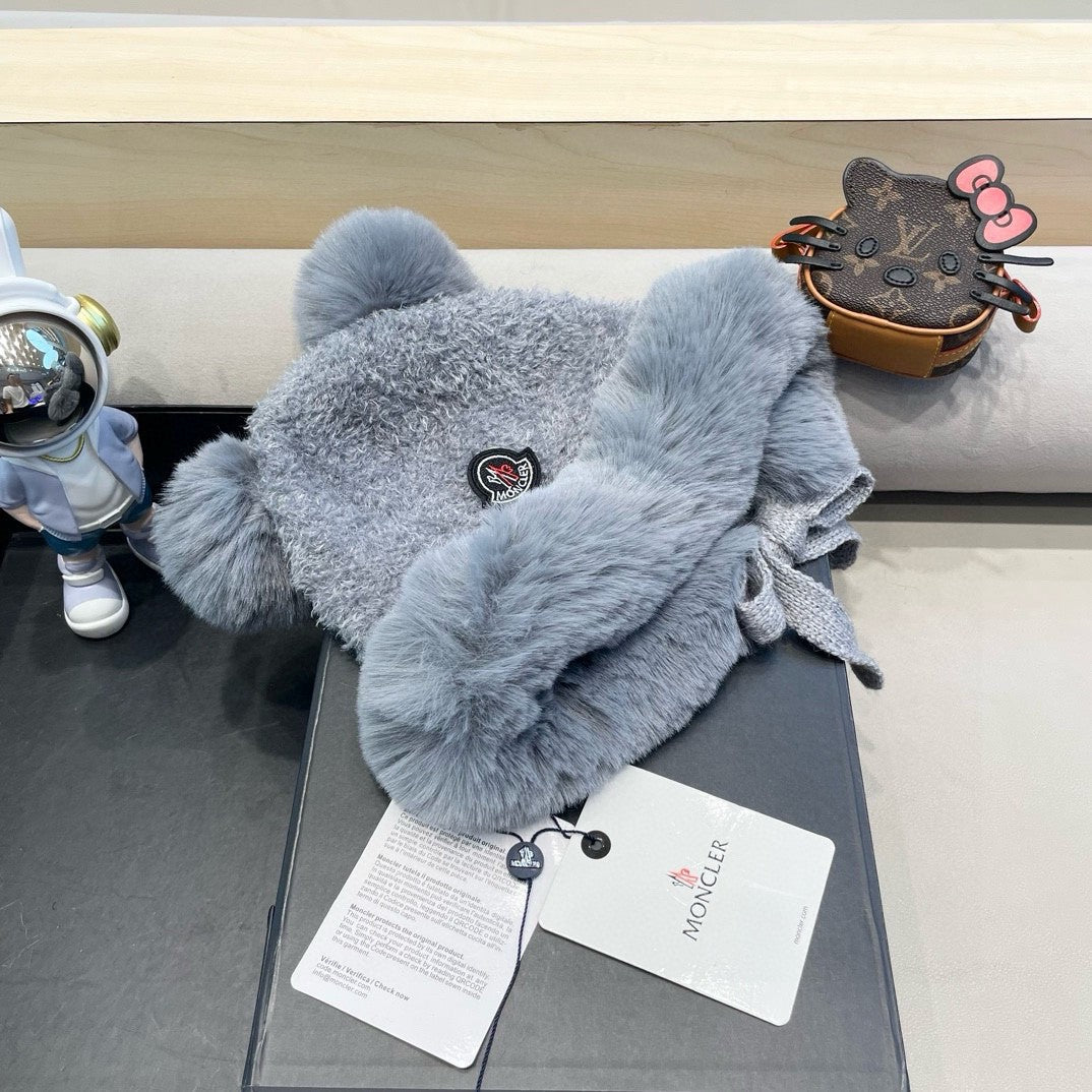 grey Moncler teddy bear-ear faux fur trapper hat