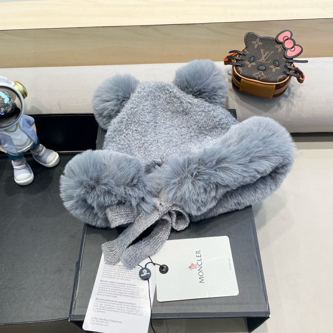 grey Moncler teddy bear-ear faux fur trapper hat
