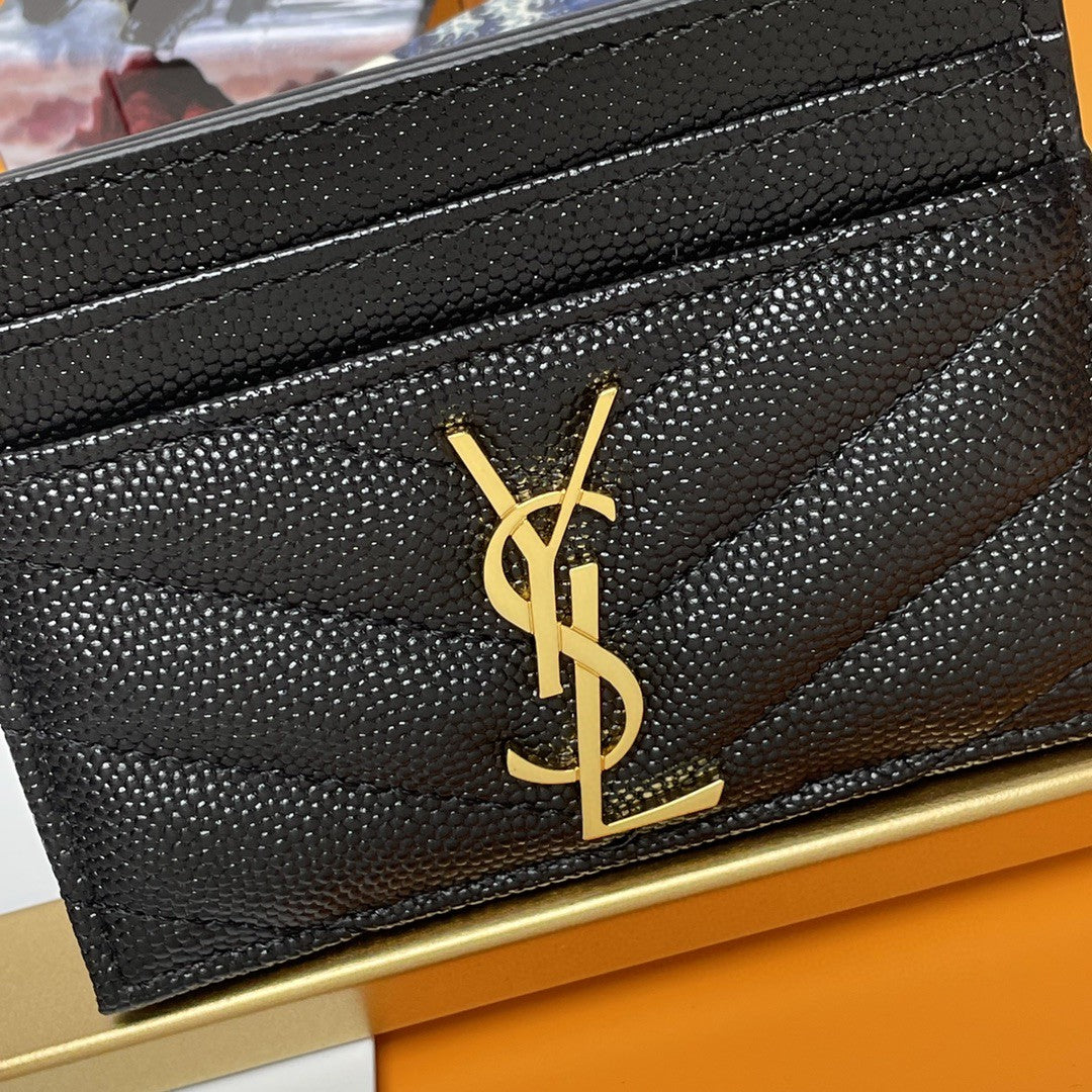 Saint Laurent Cassandre Matelassé card case in black grain de poudre leather with a gold-tone logo