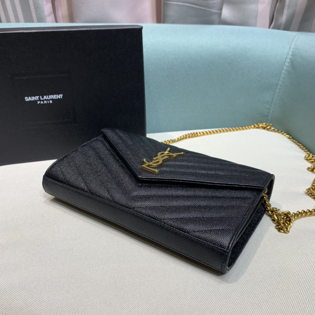 Saint Laurent Classic Cassandre chain wallet in black grained leather