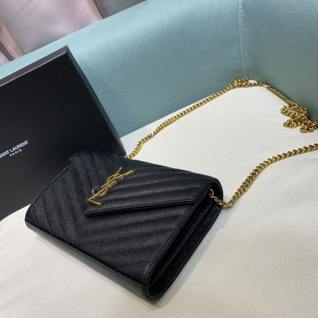 Saint Laurent Classic Cassandre chain wallet in black grained leather