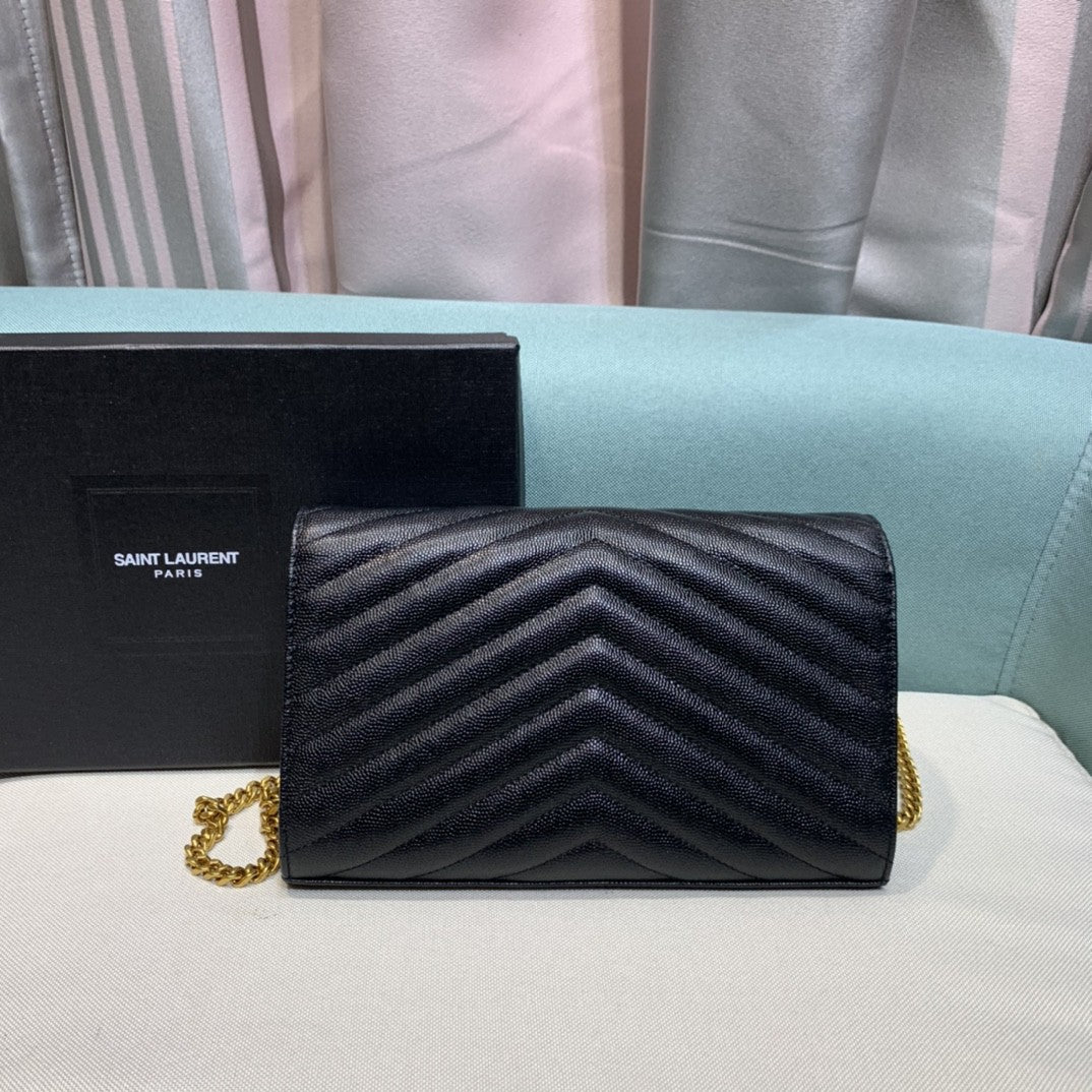 Saint Laurent Classic Cassandre chain wallet in black grained leather