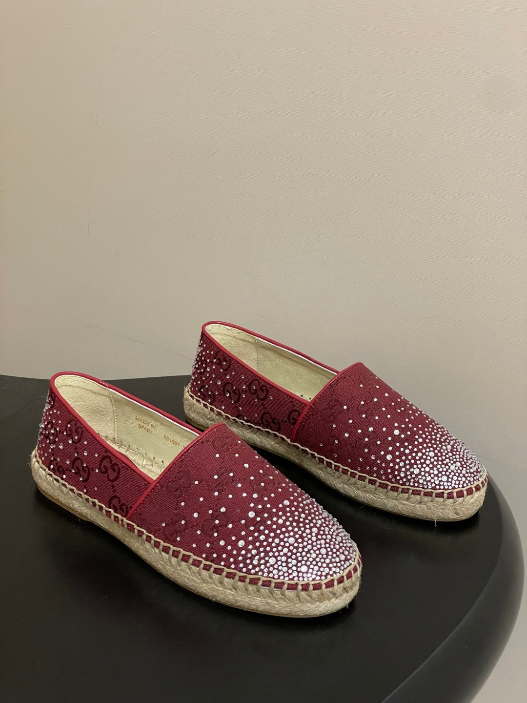Gucci burgundy GG crystal-embellished espadrilles