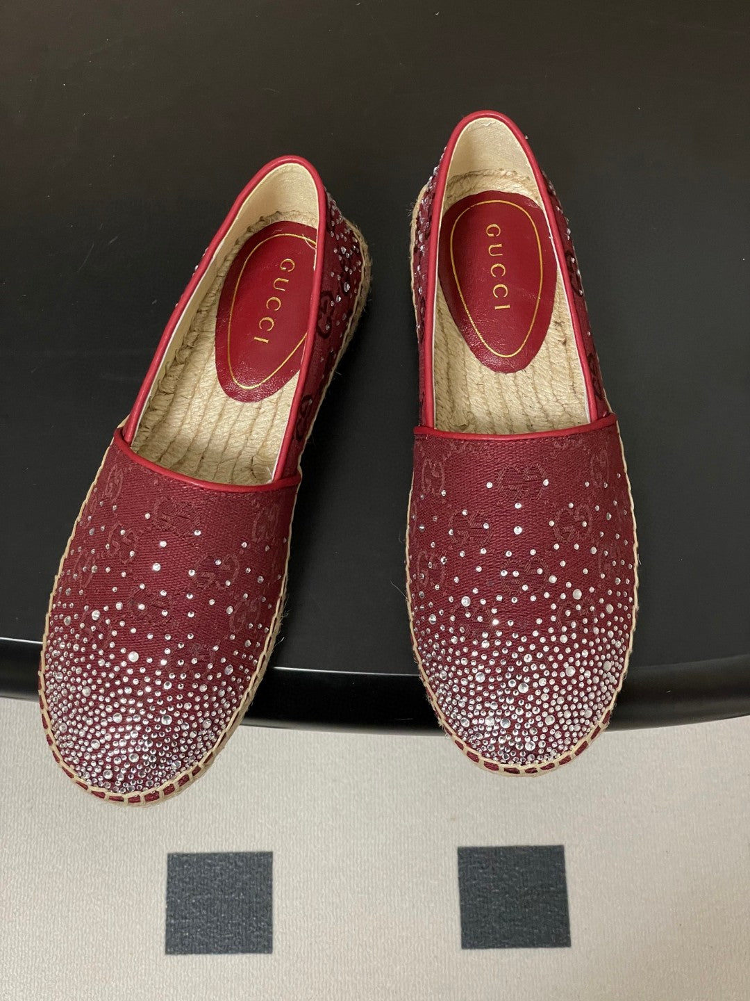 Gucci burgundy GG crystal-embellished espadrilles