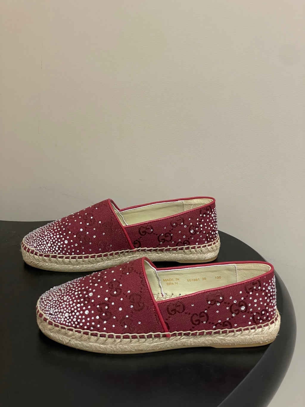 Gucci burgundy GG crystal-embellished espadrilles