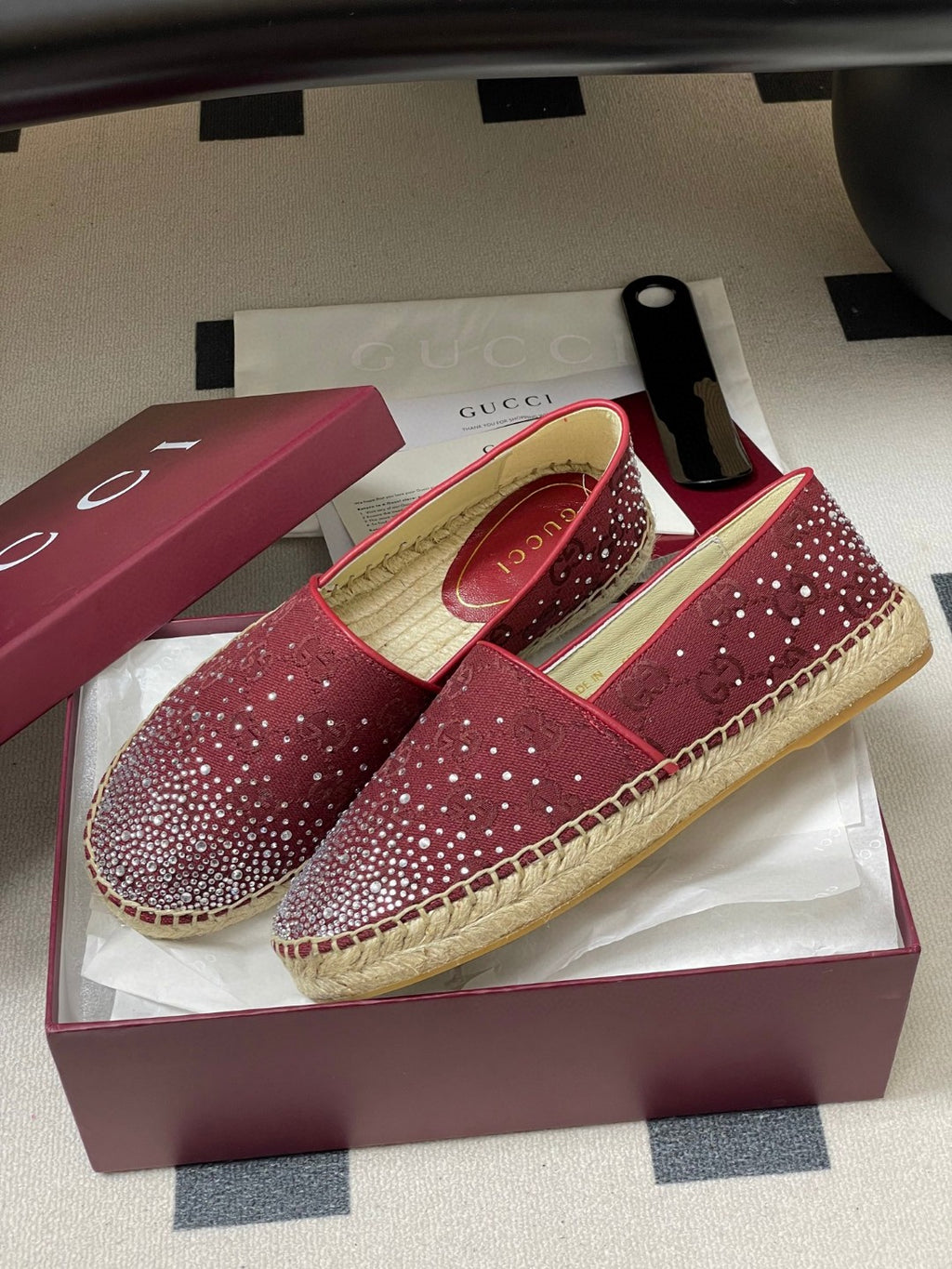 Gucci burgundy GG crystal-embellished espadrilles