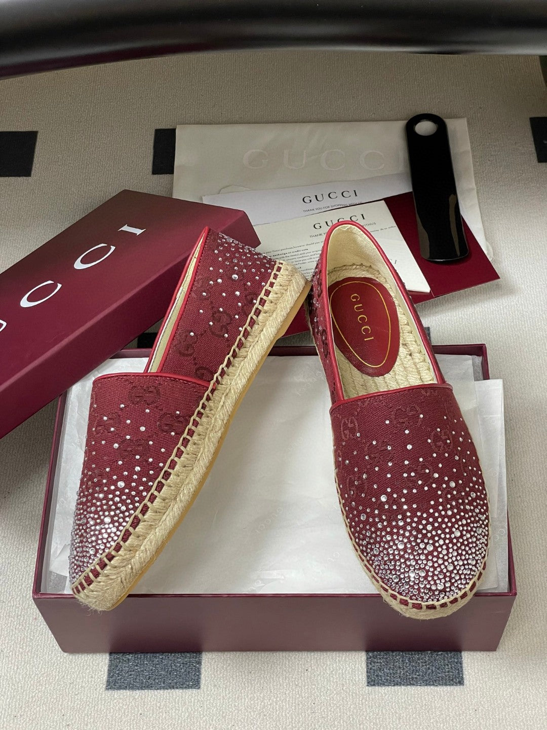 Gucci burgundy GG crystal-embellished espadrilles
