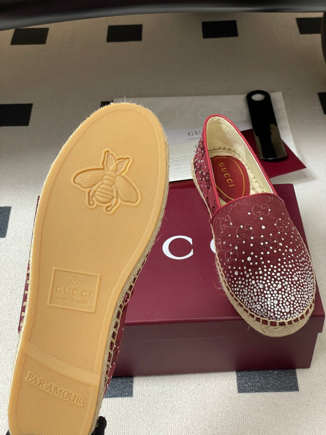 Gucci burgundy GG crystal-embellished espadrilles