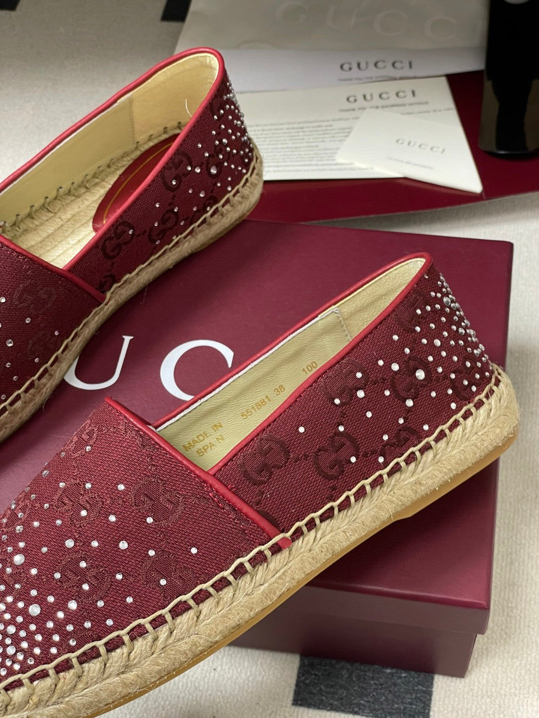 Gucci burgundy GG crystal-embellished espadrilles