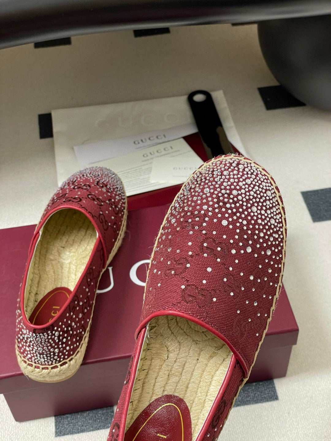 Gucci burgundy GG crystal-embellished espadrilles