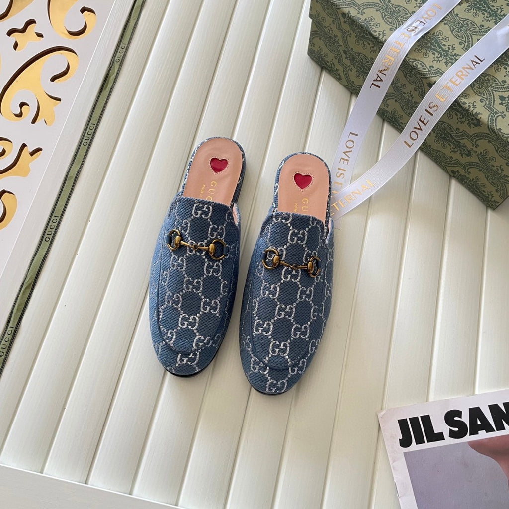Gucci Princetown mules in light blue and ivory GG denim with gold-tone horsebit hardware
