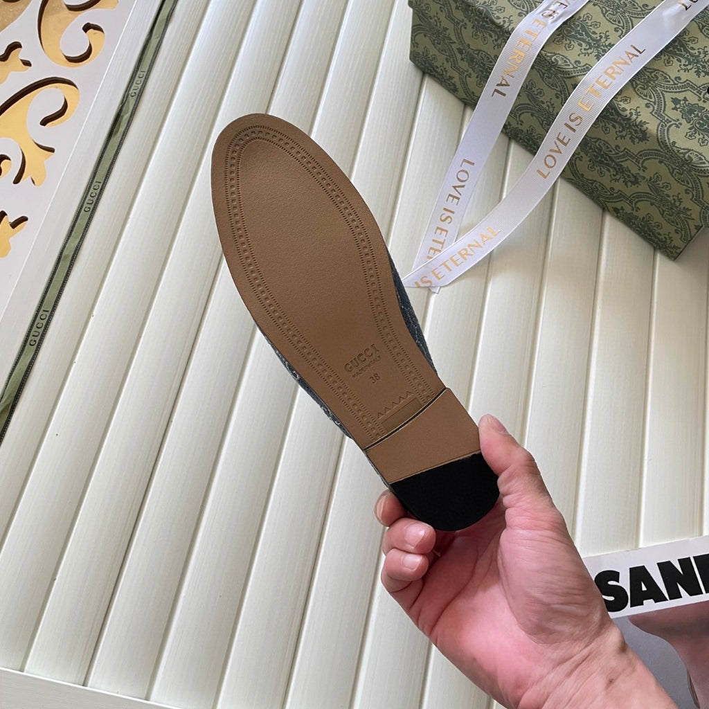 Gucci Princetown mules in light blue and ivory GG denim with gold-tone horsebit hardware