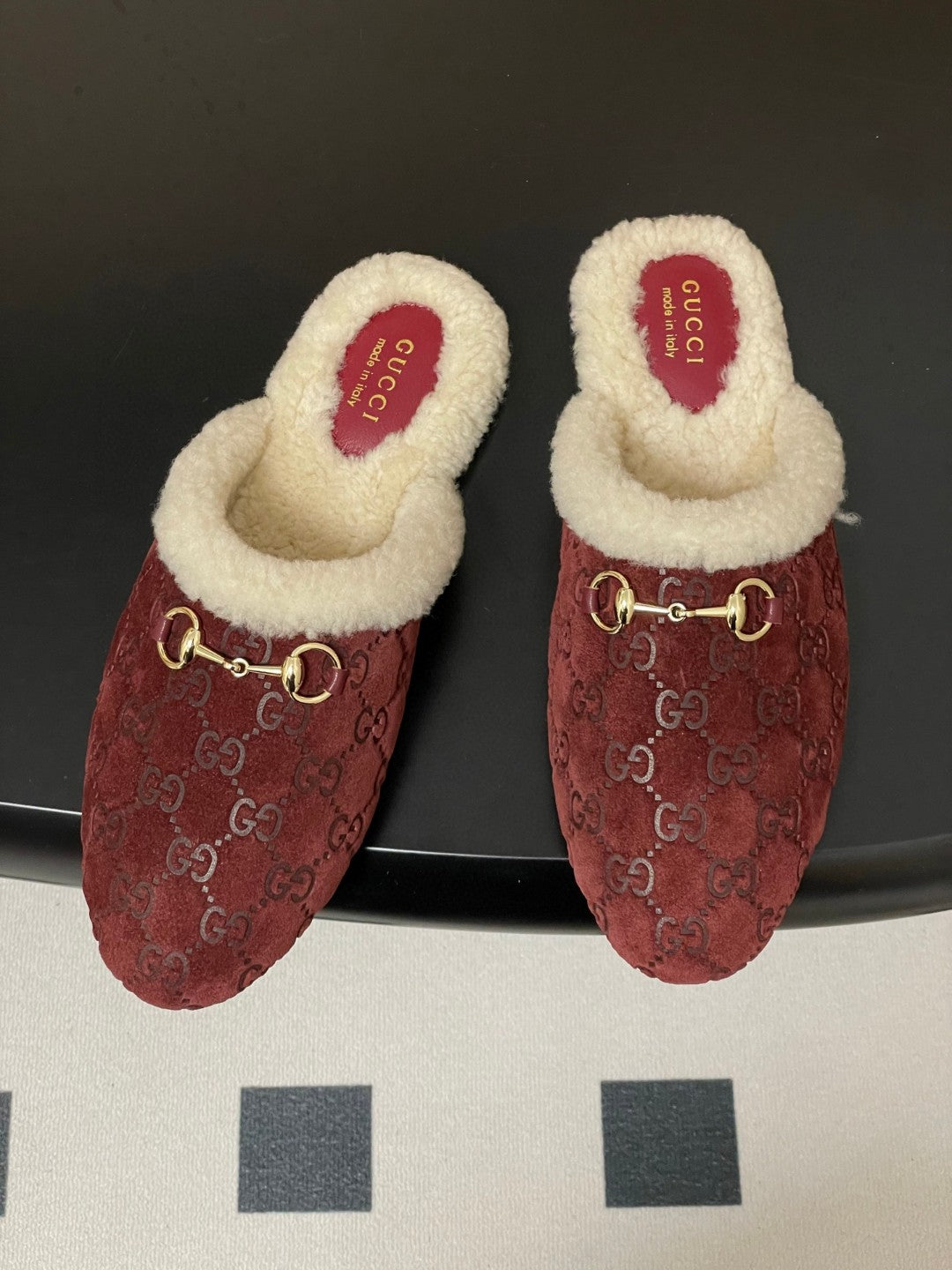 Gucci Princetown or Horsebit slippers in red suede with lamb wool lining
