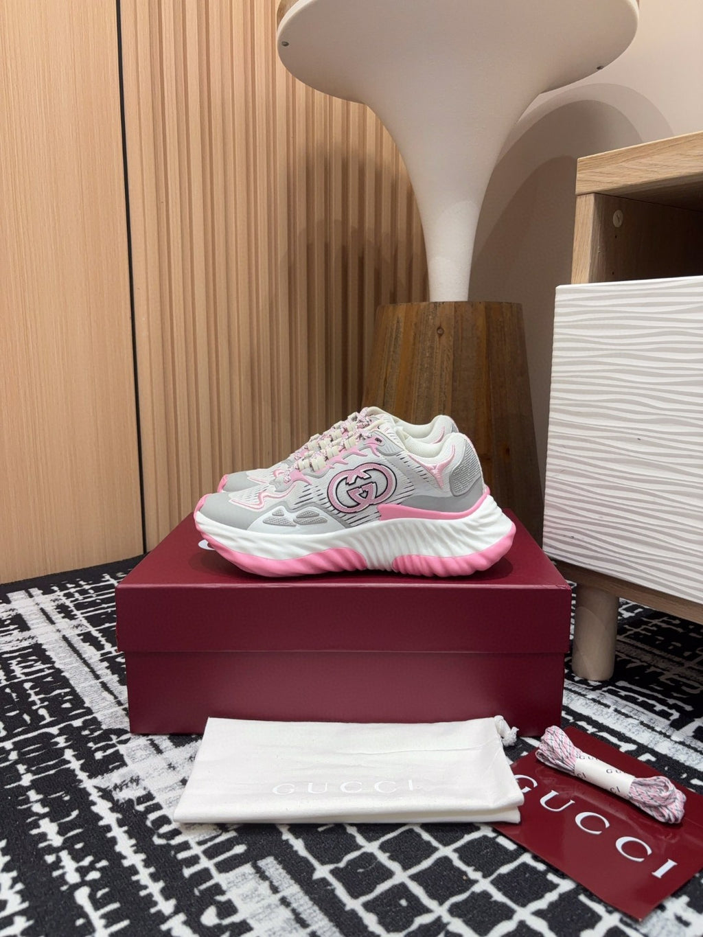 Gucci Ripple sneakers in light grey and pink mesh with an Interlocking G logo detail