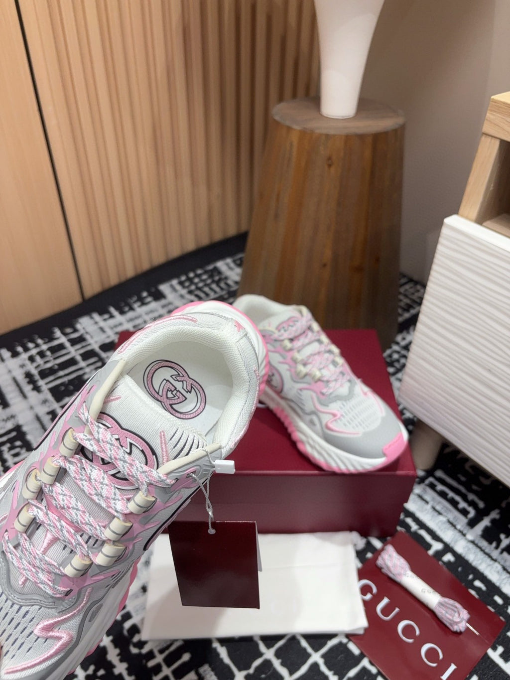 Gucci Ripple sneakers in light grey and pink mesh with an Interlocking G logo detail
