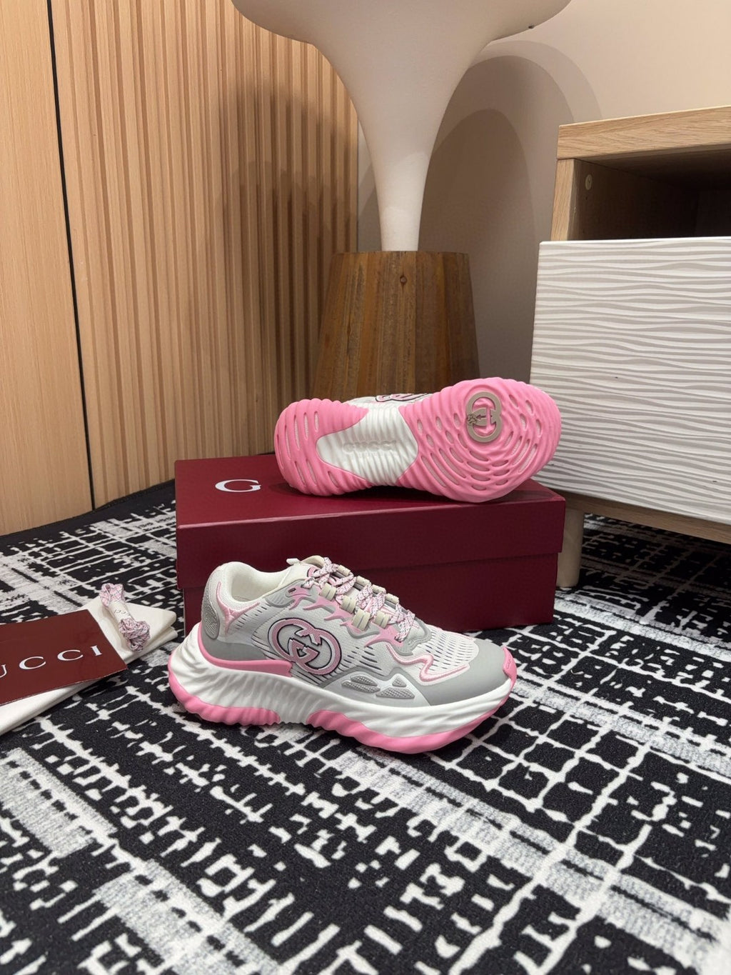 Gucci Ripple sneakers in light grey and pink mesh with an Interlocking G logo detail