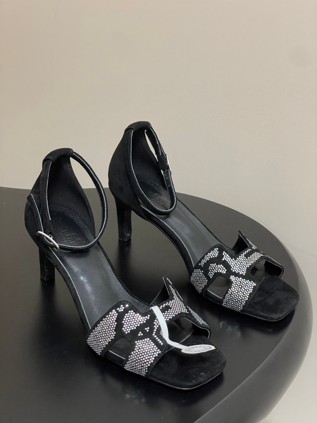 black suede goatskin Hermès Joy 70 sandals with a "Figure Artistique" inspired rhinestone motif
