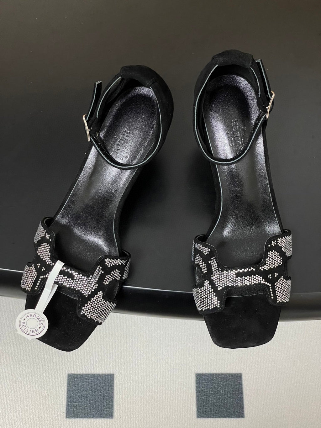 black suede goatskin Hermès Joy 70 sandals with a "Figure Artistique" inspired rhinestone motif