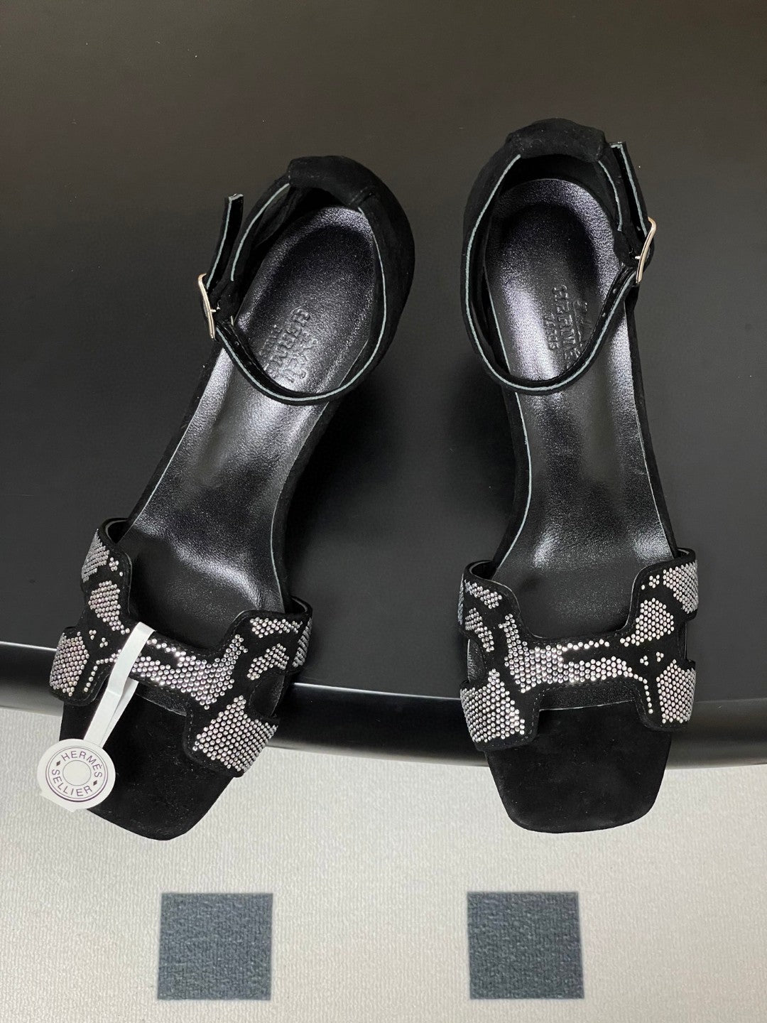 black suede goatskin Hermès Joy 70 sandals with a "Figure Artistique" inspired rhinestone motif