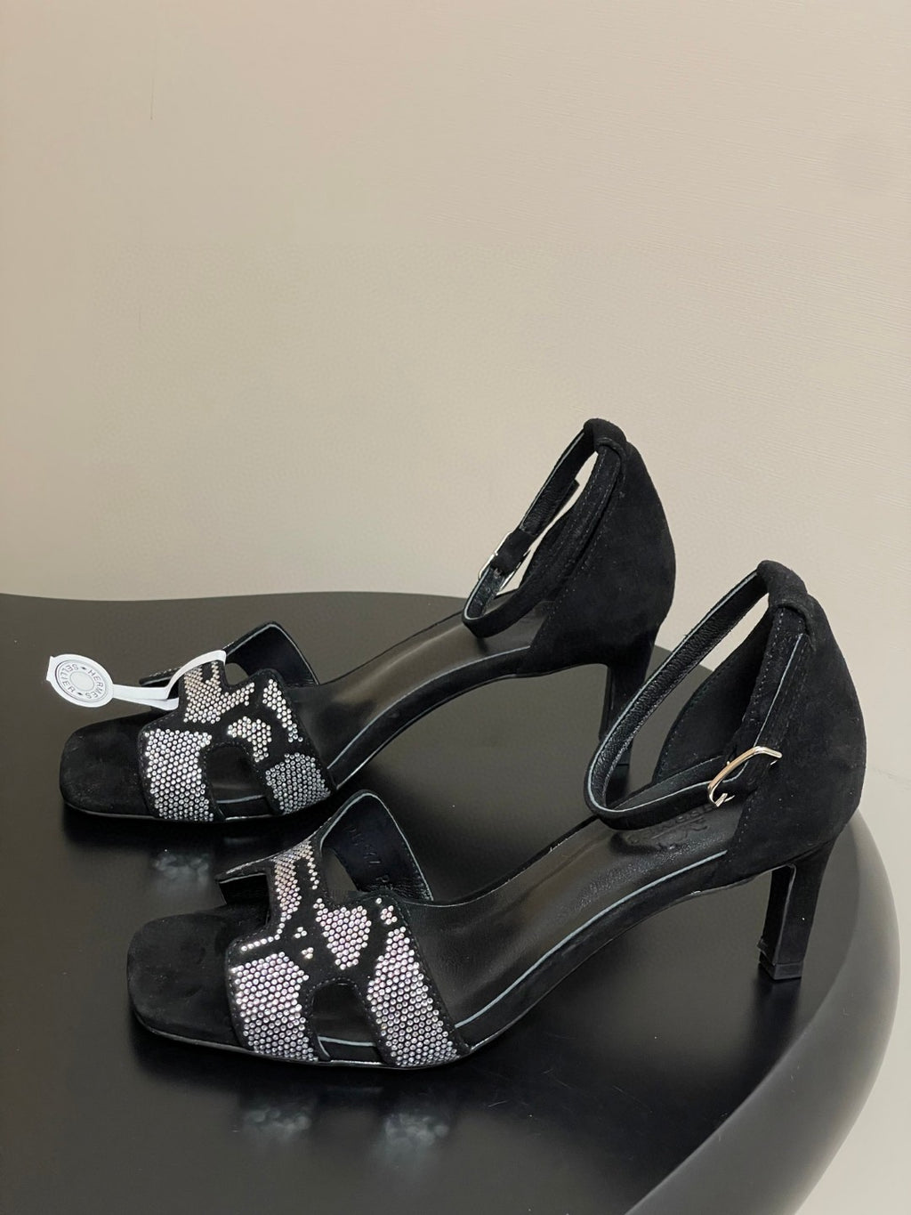 black suede goatskin Hermès Joy 70 sandals with a "Figure Artistique" inspired rhinestone motif
