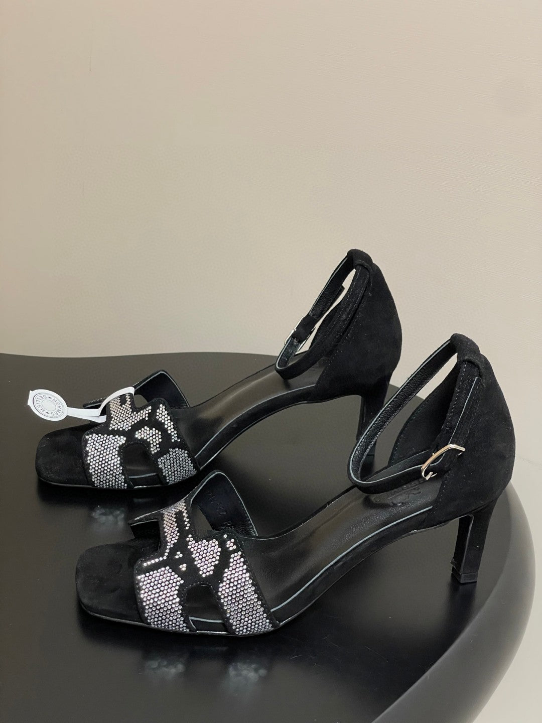 black suede goatskin Hermès Joy 70 sandals with a "Figure Artistique" inspired rhinestone motif