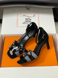 black suede goatskin Hermès Joy 70 sandals with a "Figure Artistique" inspired rhinestone motif