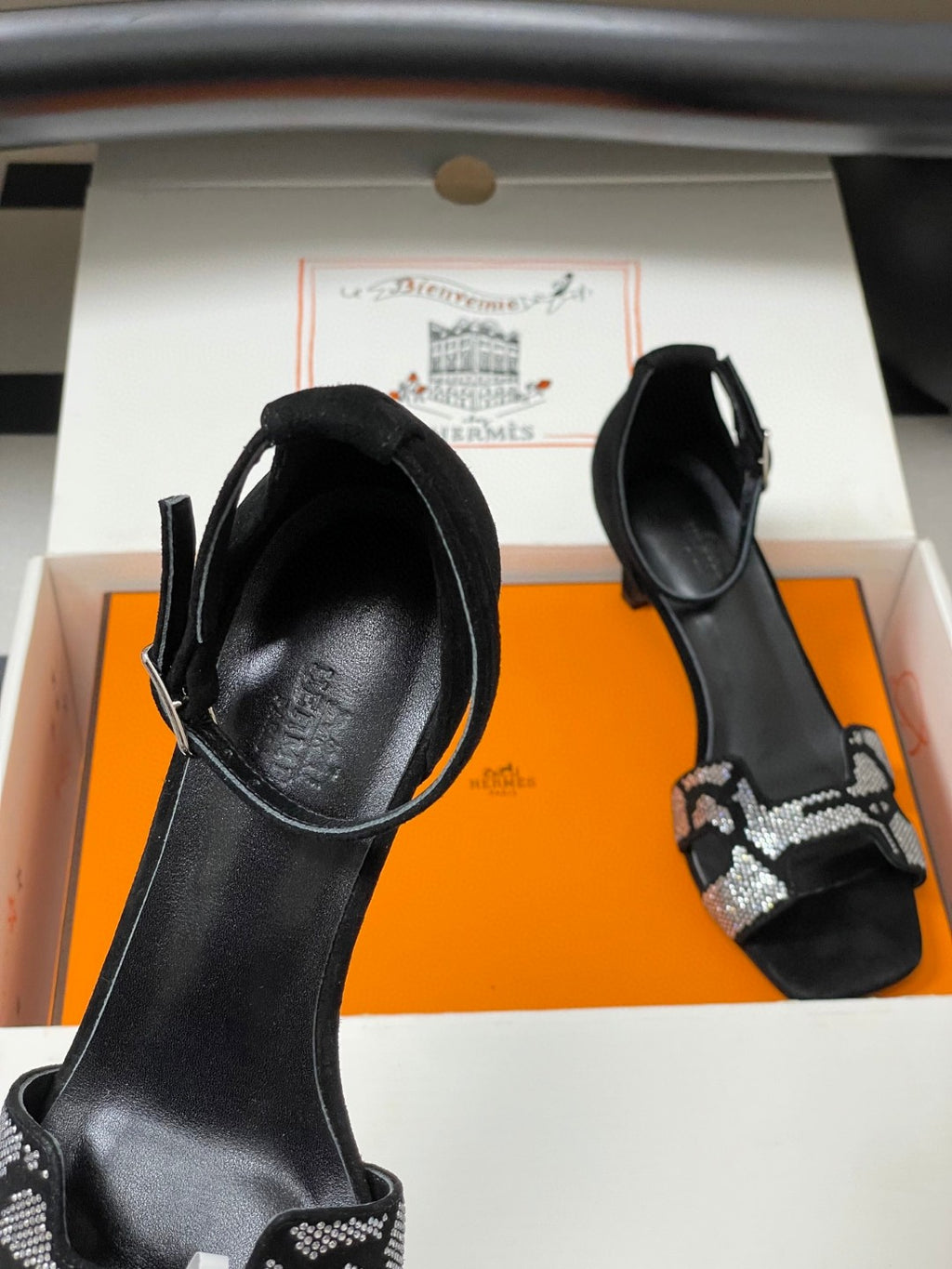 black suede goatskin Hermès Joy 70 sandals with a "Figure Artistique" inspired rhinestone motif