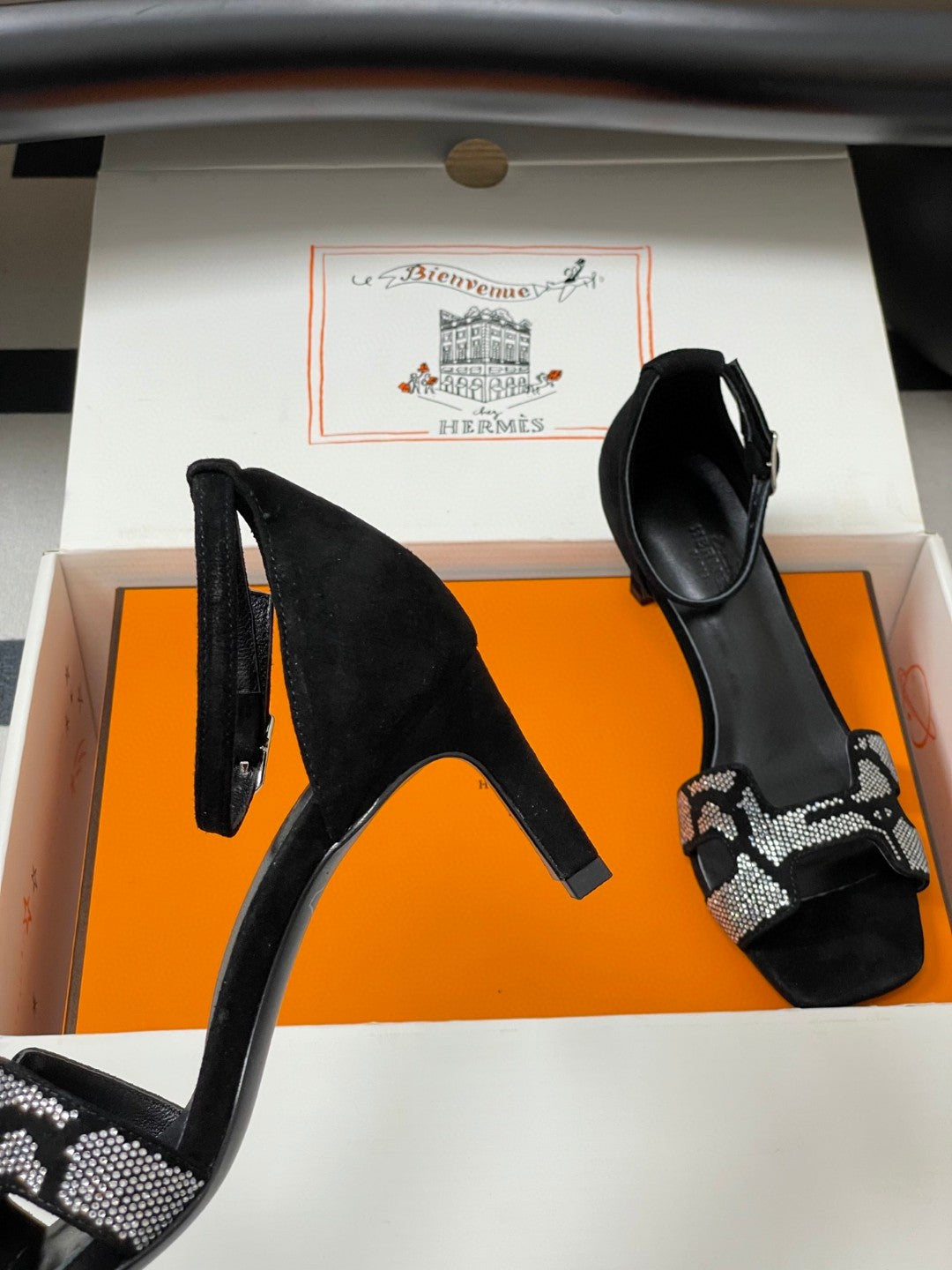black suede goatskin Hermès Joy 70 sandals with a "Figure Artistique" inspired rhinestone motif