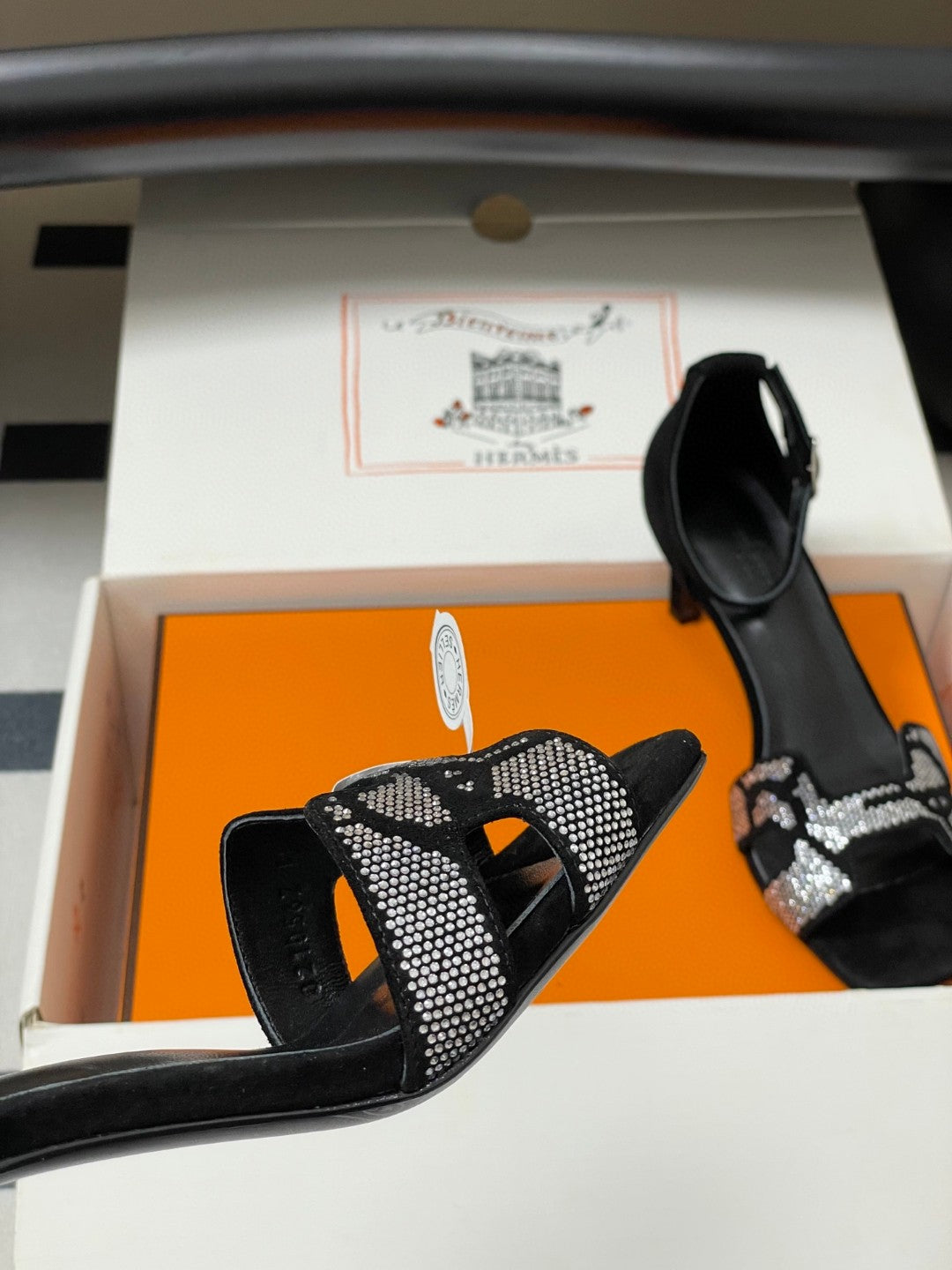 black suede goatskin Hermès Joy 70 sandals with a "Figure Artistique" inspired rhinestone motif