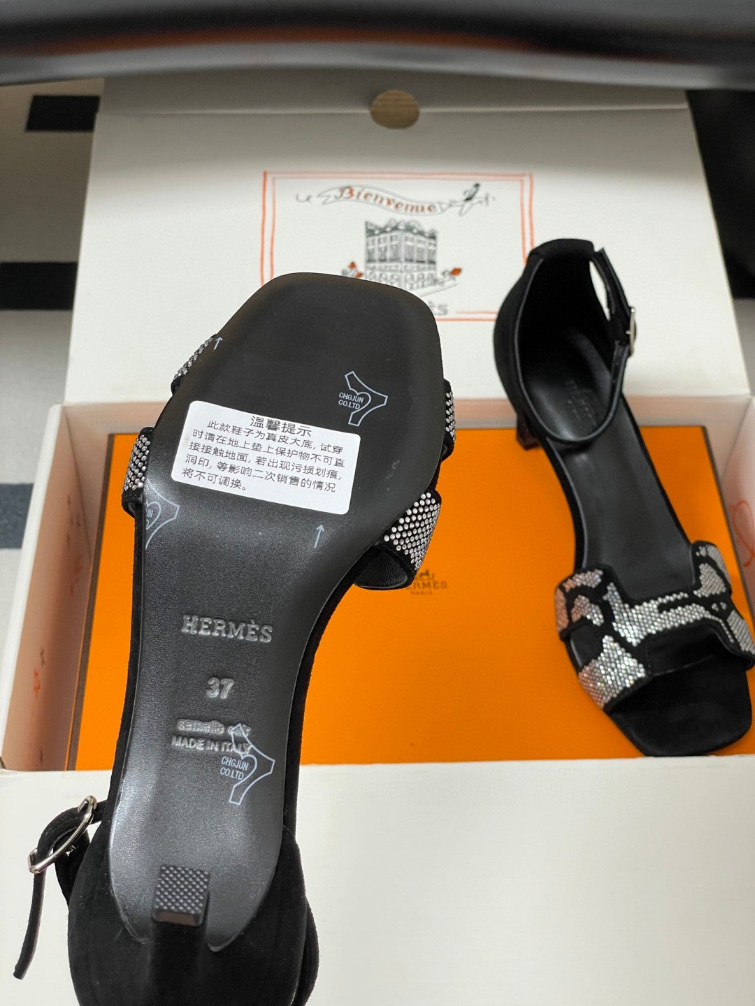 black suede goatskin Hermès Joy 70 sandals with a "Figure Artistique" inspired rhinestone motif