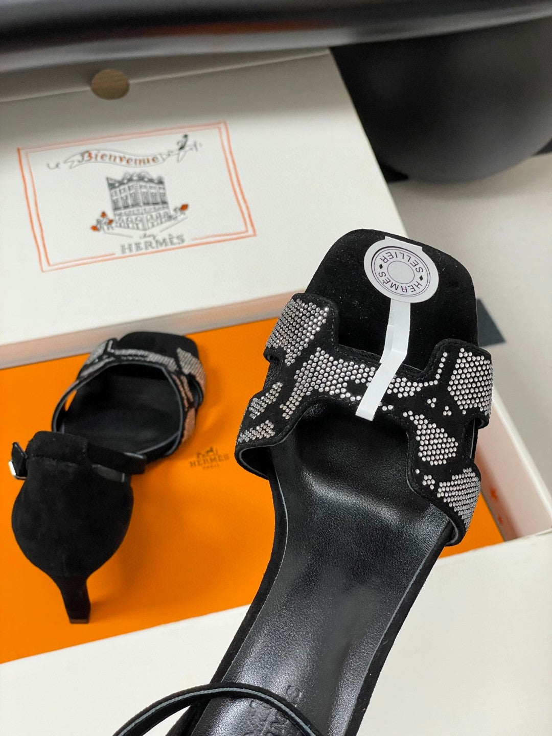black suede goatskin Hermès Joy 70 sandals with a "Figure Artistique" inspired rhinestone motif