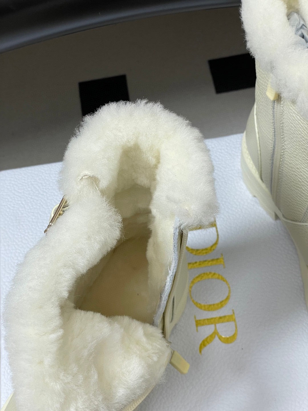 DiorAlps D-Quest ankle boot in ecru grained calfskin with a tonal lambskin shearling interior