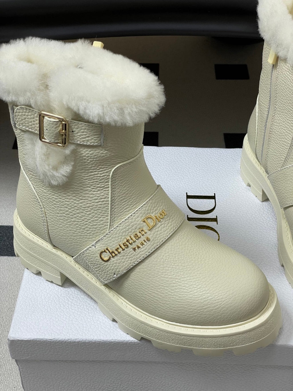 DiorAlps D-Quest ankle boot in ecru grained calfskin with a tonal lambskin shearling interior