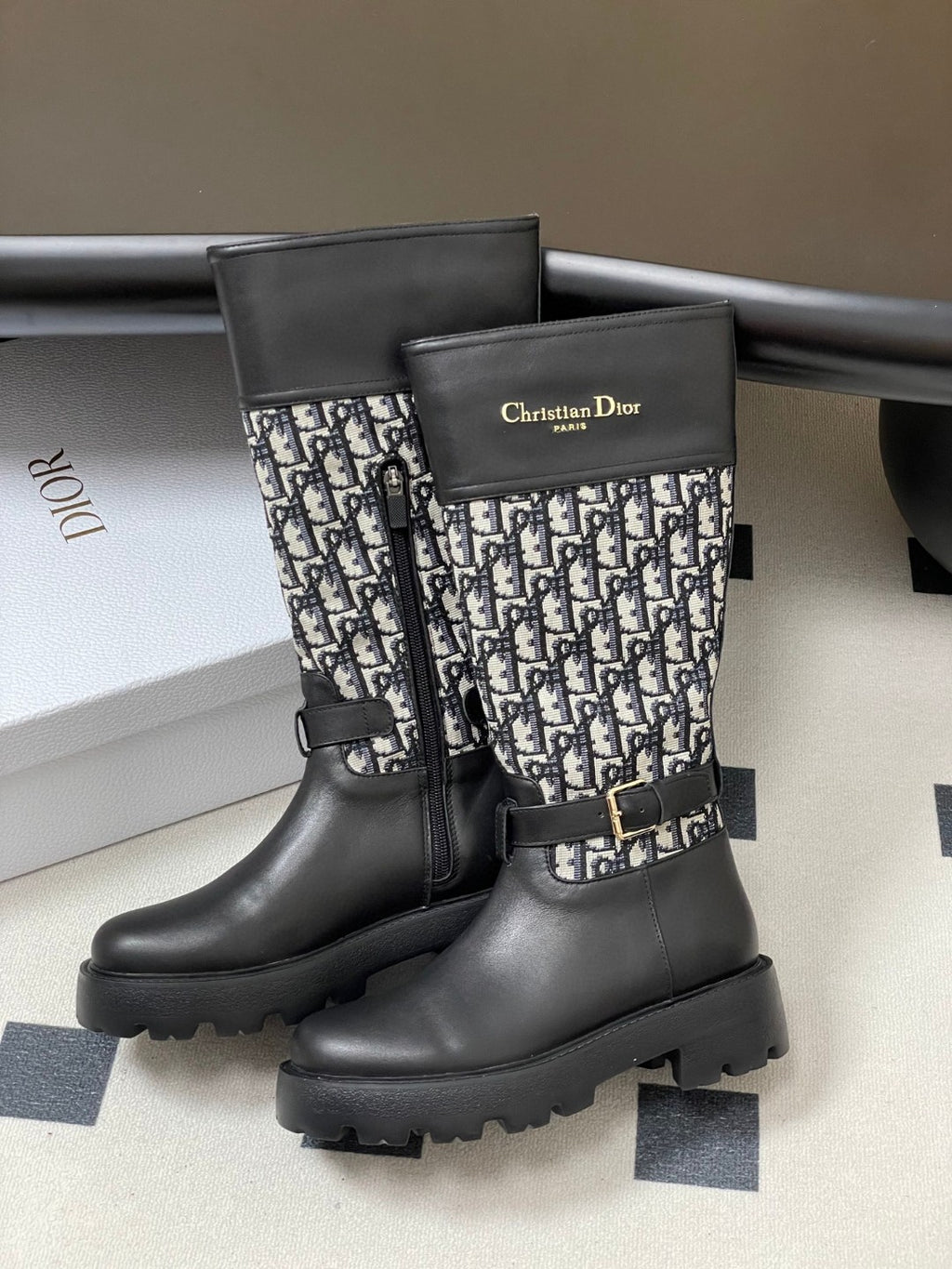 Christian Dior D-Major boots in black calfskin with a black and white Cannage tweed pattern