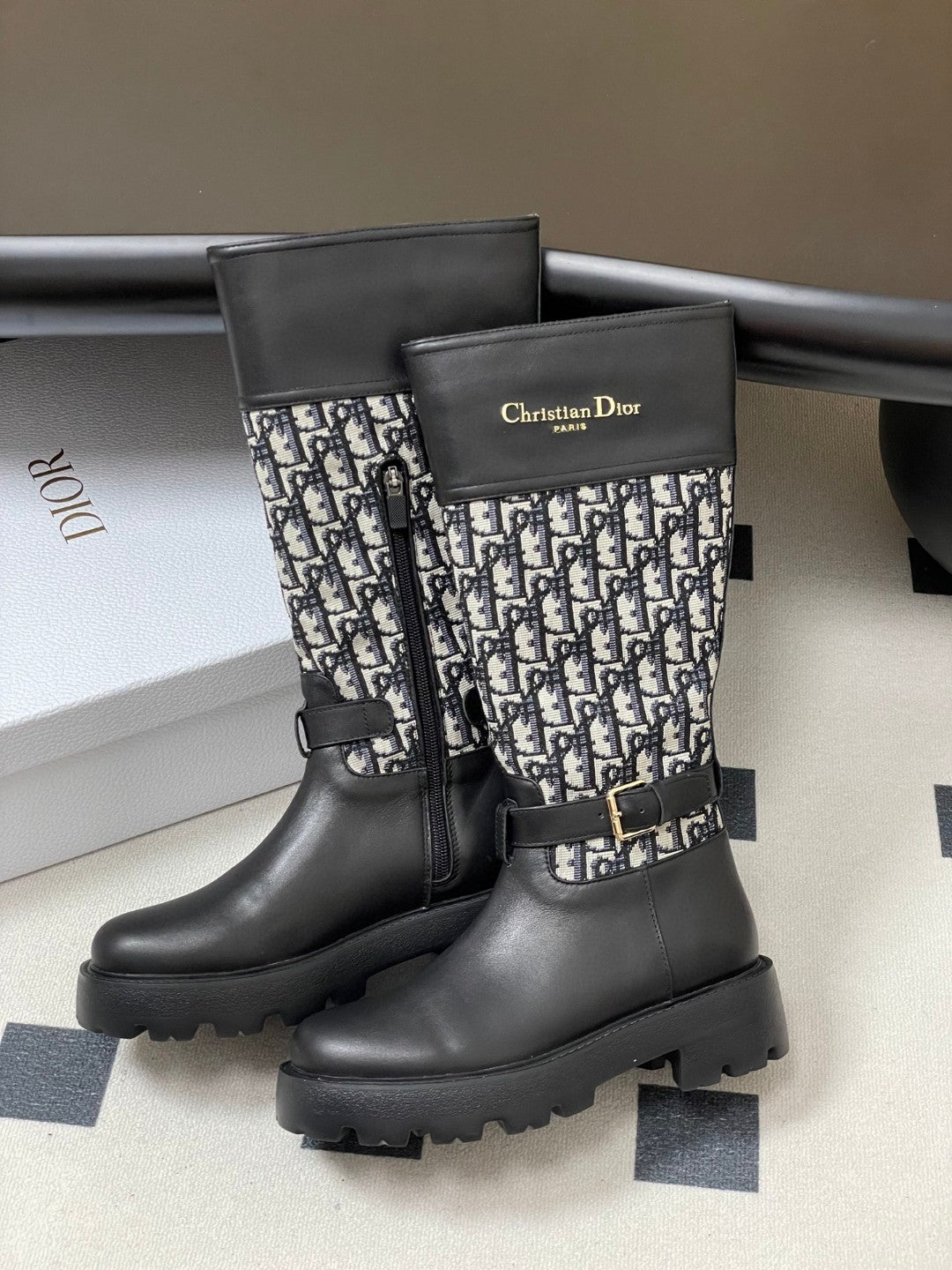 Christian Dior D-Major boots in black calfskin with a black and white Cannage tweed pattern