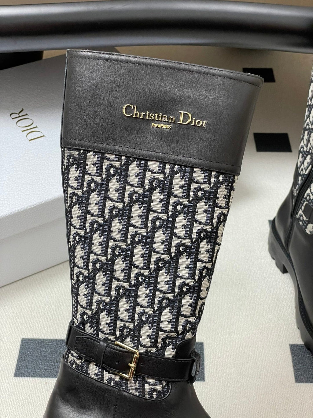 Christian Dior D-Major boots in black calfskin with a black and white Cannage tweed pattern