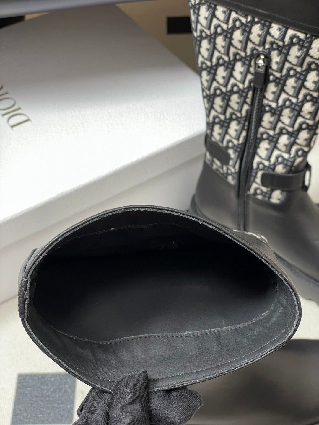 Christian Dior D-Major boots in black calfskin with a black and white Cannage tweed pattern