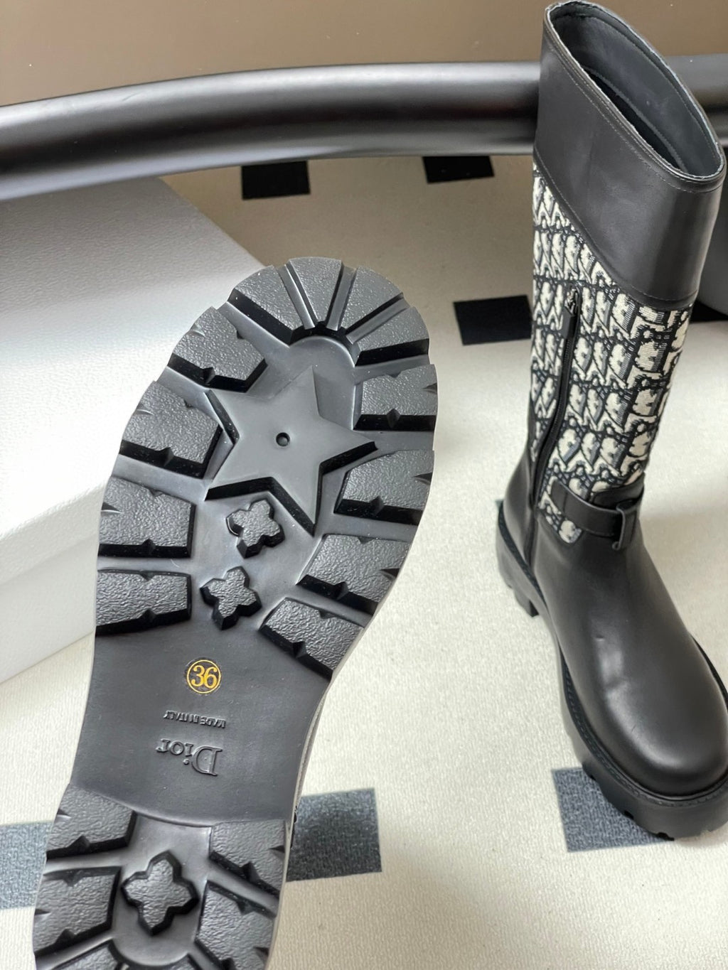 Christian Dior D-Major boots in black calfskin with a black and white Cannage tweed pattern