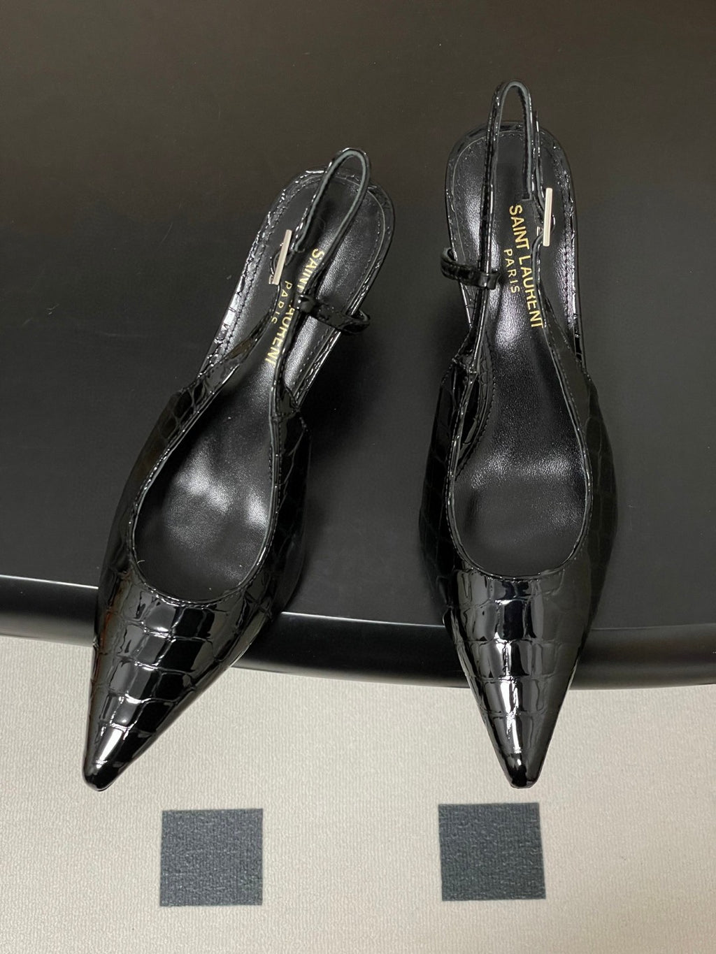 Saint Laurent Vendome black glazed leather slingback pumps