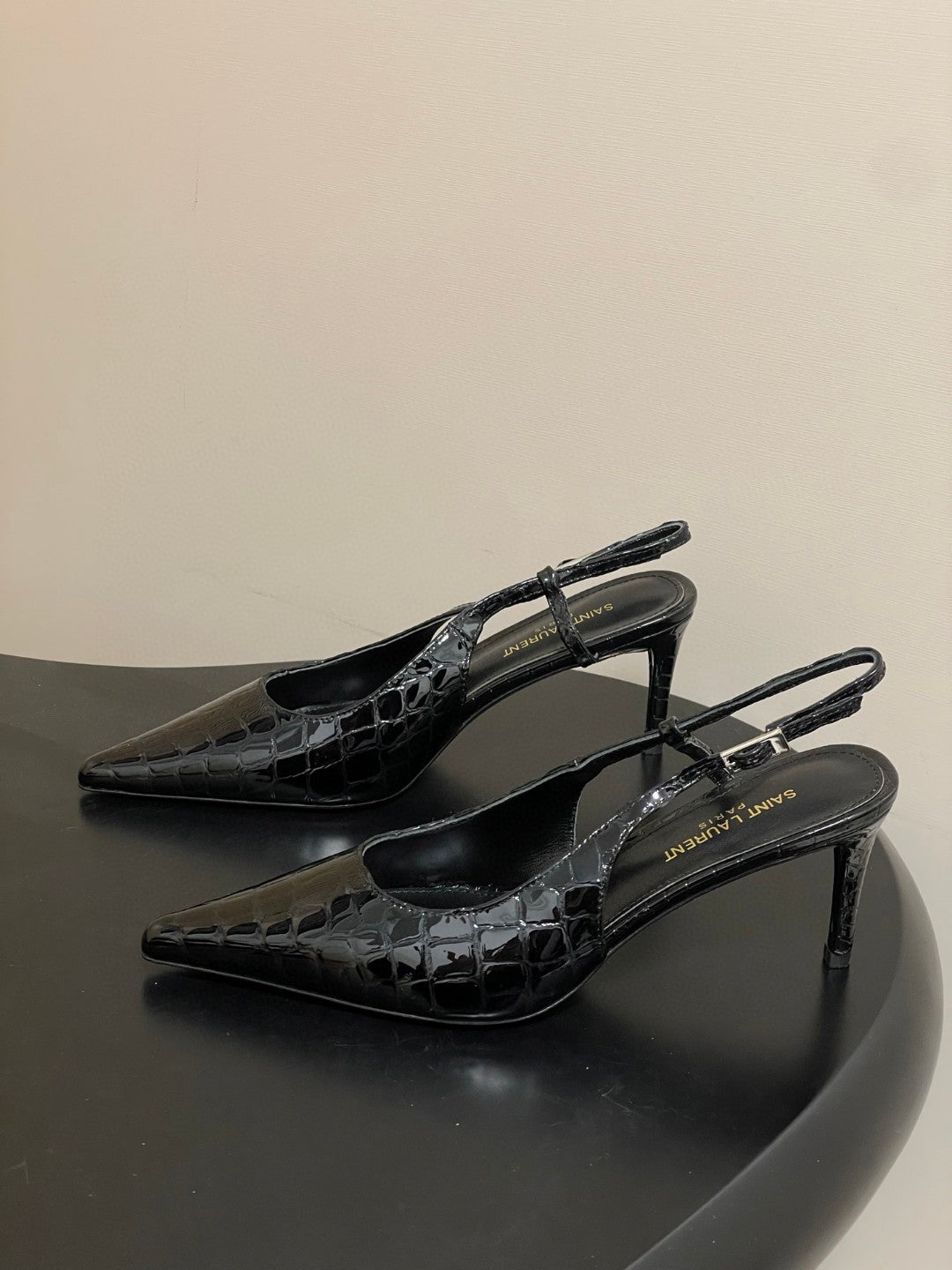 Saint Laurent Vendome black glazed leather slingback pumps