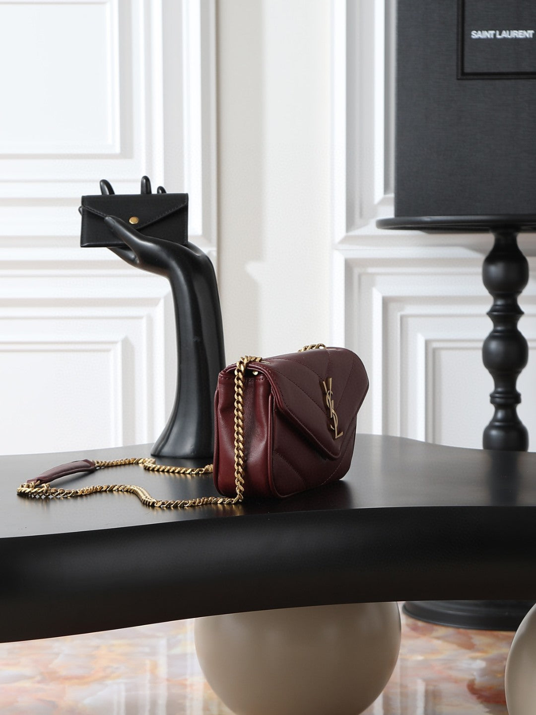 Saint Laurent Loulou Mini crossbody bag in the Hot Wine burgundy lambskin leather with gold-toned hardware
